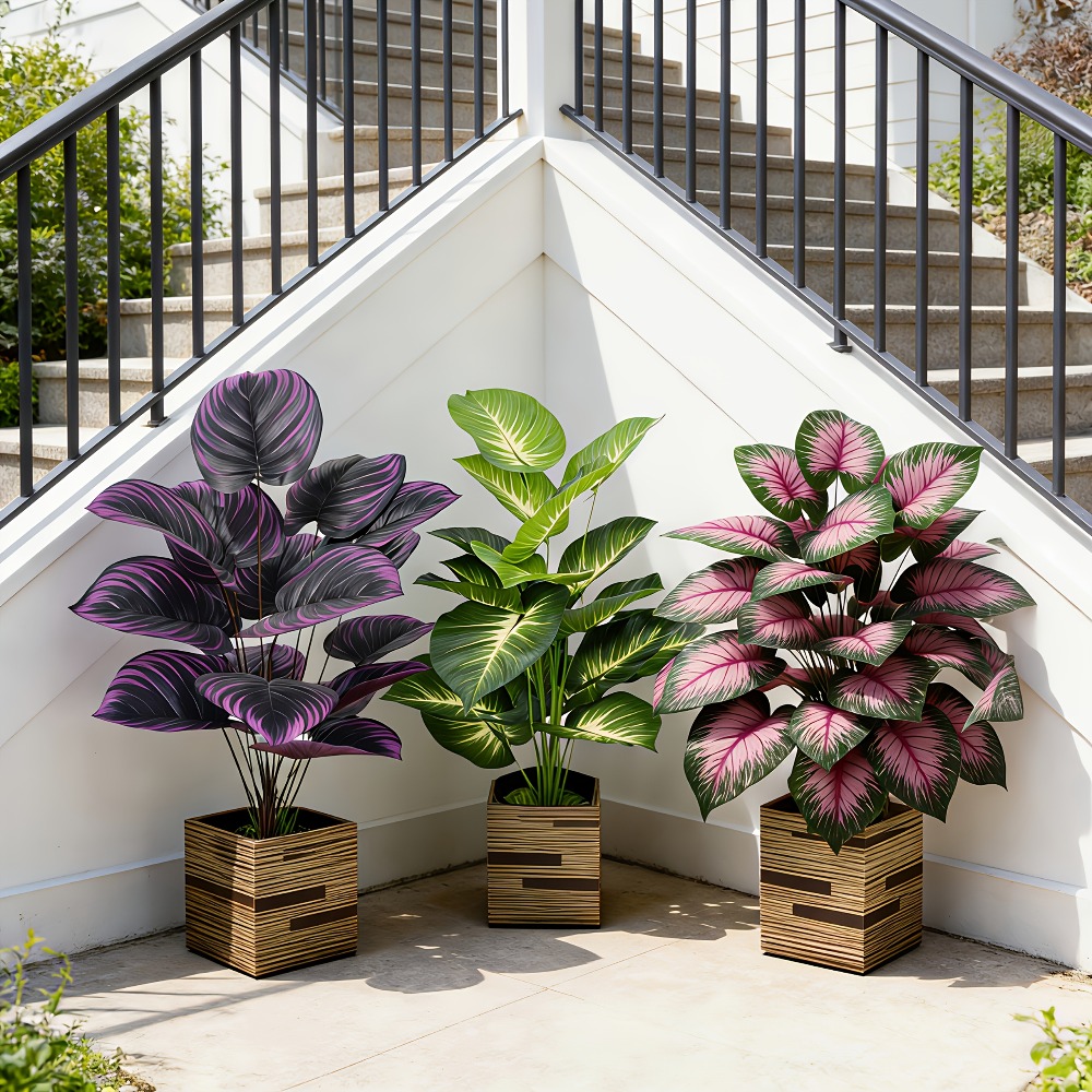 Ficus Lyrata Tree - ชุดต้นไม้ประดิษฐ์กลางแจ้งใบใหญ่หลากหลายชนิด 3 ชิ้น ประกอบด้วยต้นไทรฟิกัสและต้นปาล์มเบิร์ดออฟพาราไดซ์ พร้อมใบ 36